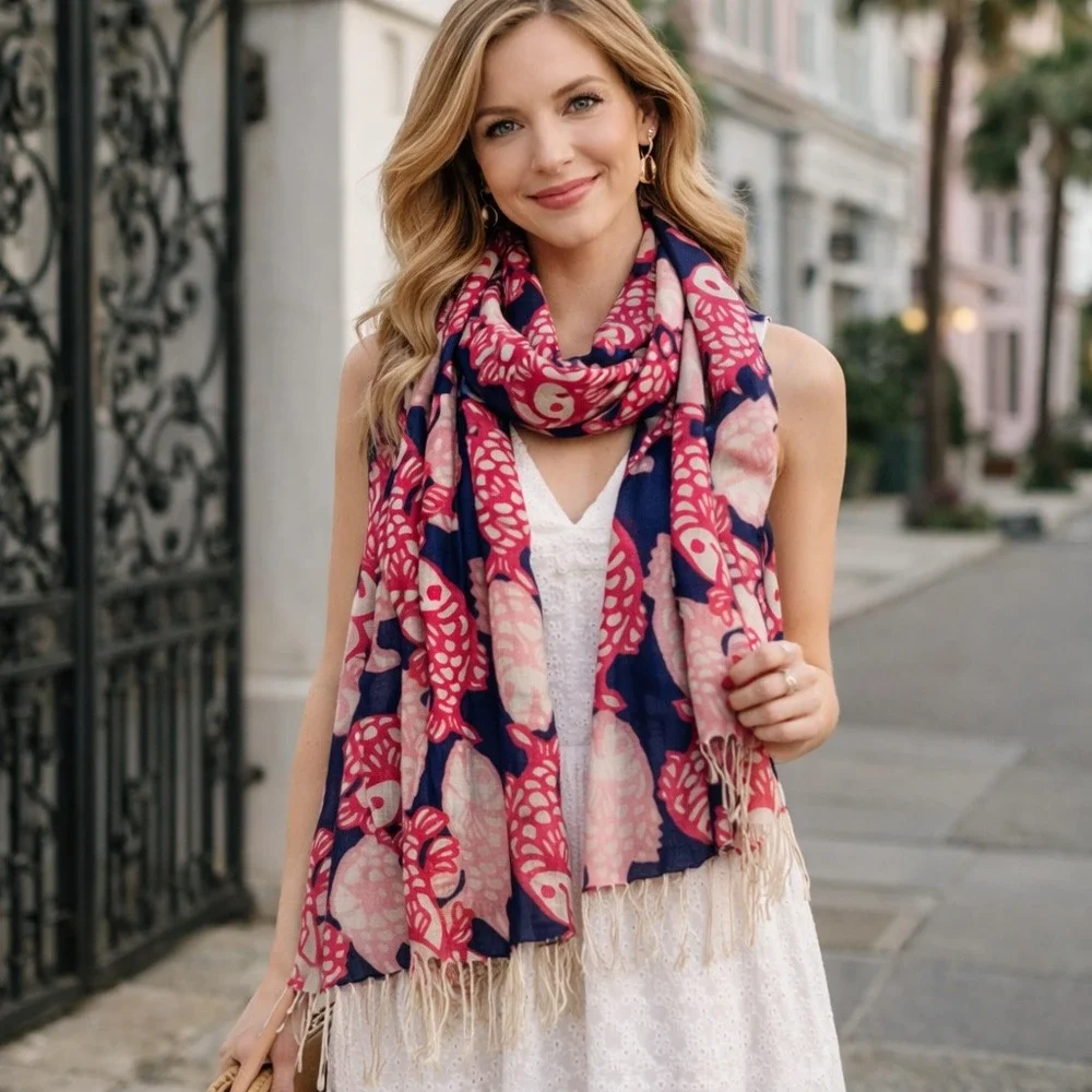Lilly Pulitzer Murfee Scarf Pink Navy Blue Fish Print Silk Cashmere Coastal Prep